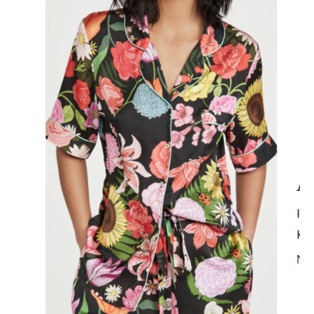 Karen Mabon Pajama Top Size M Black Floral Short Sleeve Button Up Artsy Trendy - Picture 3 of 8